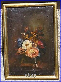 Tableau ancien Bouquet de Fleurs Pêches Peinture huile sur toile Style XlX °