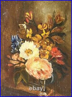 Tableau ancien Bouquet de Fleurs Pêches Peinture huile sur toile Style XlX °