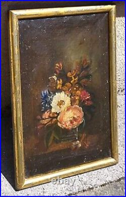 Tableau ancien Bouquet de Fleurs Pêches Peinture huile sur toile Style XlX °