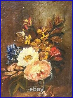 Tableau ancien Bouquet de Fleurs Pêches Peinture huile sur toile Style XlX °