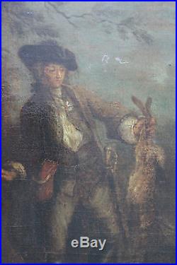 Tableau ancien Chasseur avec coq Anonyme XVIIIéme Ecole française Superbe