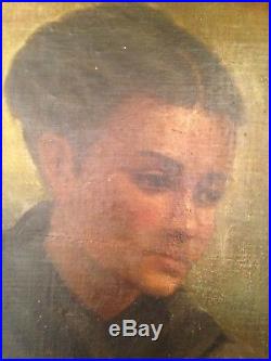 Tableau ancien Classique XIXe Portrait jeune femme pensive Huile sur toile 19e