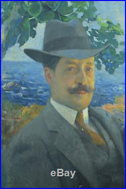 Tableau ancien HST art nouveau Portrait d'homme Louis Delfau Perpignan Catalan