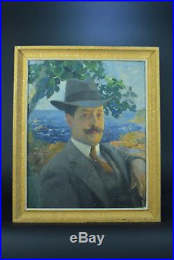 Tableau ancien HST art nouveau Portrait d'homme Louis Delfau Perpignan Catalan