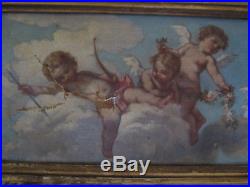Tableau ancien Huile Toile Anges Putti Angelots XIXe Shabby French Painting