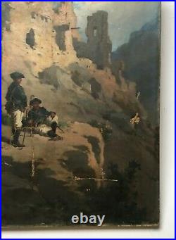 Tableau ancien, Huile sur toile, Chasseurs alpins devant des ruines, XIXe