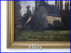 Tableau ancien Huile sur toile, Paysage de clairière, Maisons à colombages, XIXe