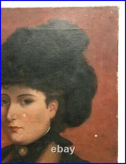 Tableau ancien, Huile sur toile, Portrait de femme au chapeau, Fin XIXe