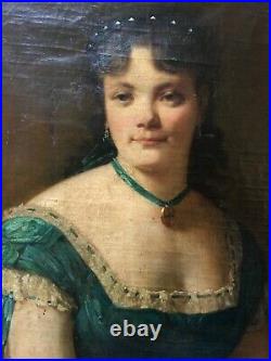 Tableau ancien, Huile sur toile à vue ovale, Portrait de jeune femme, XIXe