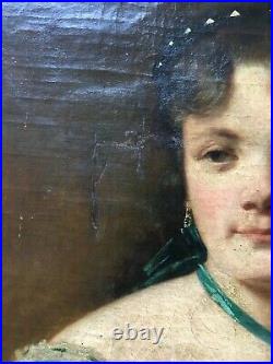 Tableau ancien, Huile sur toile à vue ovale, Portrait de jeune femme, XIXe