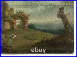 Tableau ancien, Huile sur toile marouflée, Paysage aux ruines animé, XIXe
