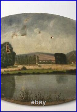 Tableau ancien, Huile sur toile ovale, Paysage lacustre, Berges, Début XXe