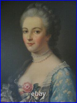 Tableau ancien Portrait Femme Dame de qualité Noble Rose Huile Toile XIXe Signé