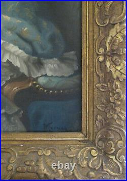 Tableau ancien Portrait Femme Dame de qualité Noble Rose Huile Toile XIXe Signé