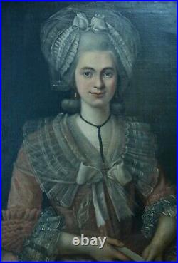 Tableau ancien Portrait d'une jeune femme Costume Louis XVI marie Antoinette 18e