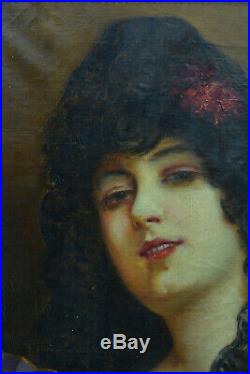 Tableau ancien Portrait jeune femme Mantille éventail Fan Sans Castano Espagne