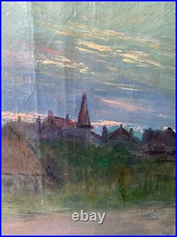 Tableau ancien Post impressionniste Village au crepuscule par François Moreau