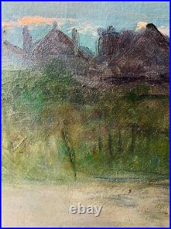 Tableau ancien Post impressionniste Village au crepuscule par François Moreau