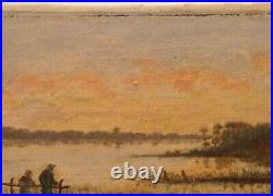 Tableau ancien XIXe Karl DAUBIGNY Barbizon Pêcheurs au couché du soleil Huile