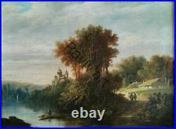 Tableau ancien XIXeme Paysage aux pecheurs 4763 cm HC