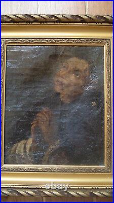 Tableau ancien XVIIe huile sur toile portrait Saint François d'Assise 1 B. Roman