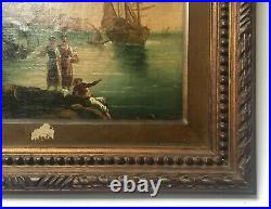 Tableau ancien encadré, Marine animée, Huile sur toile, XIXe ou avant