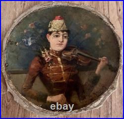 Tableau ancien femme Musicienne Joueuse Violon Huile Sur Toile Vers 1900