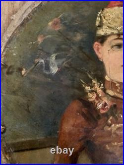 Tableau ancien femme Musicienne Joueuse Violon Huile Sur Toile Vers 1900