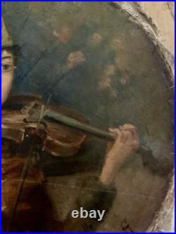Tableau ancien femme Musicienne Joueuse Violon Huile Sur Toile Vers 1900