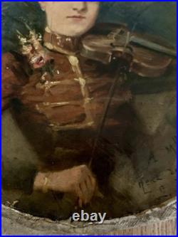 Tableau ancien femme Musicienne Joueuse Violon Huile Sur Toile Vers 1900
