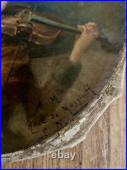 Tableau ancien femme Musicienne Joueuse Violon Huile Sur Toile Vers 1900