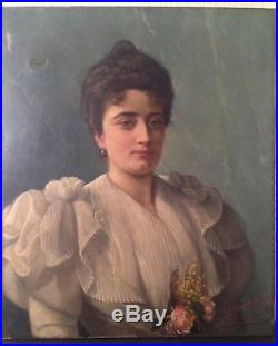Tableau ancien fin XIXe Portrait de Jeune Femme au bouquet Fleur Huile sur toile