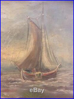 Tableau ancien fin XIXème début XXème Huile sur toile Marine Animée bateau