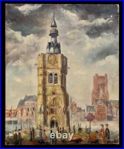 Tableau ancien huile Le beffroi de Béthune place animée drapeaux figuratif signé