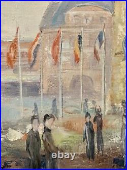 Tableau ancien huile Le beffroi de Béthune place animée drapeaux figuratif signé