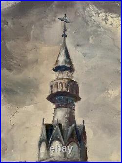 Tableau ancien huile Le beffroi de Béthune place animée drapeaux figuratif signé