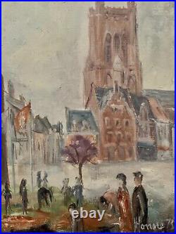 Tableau ancien huile Le beffroi de Béthune place animée drapeaux figuratif signé