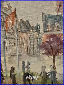 Tableau ancien huile Le beffroi de Béthune place animée drapeaux figuratif signé