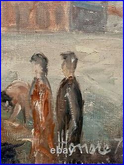 Tableau ancien huile Le beffroi de Béthune place animée drapeaux figuratif signé