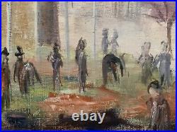 Tableau ancien huile Le beffroi de Béthune place animée drapeaux figuratif signé