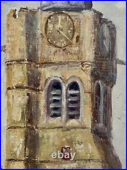 Tableau ancien huile Le beffroi de Béthune place animée drapeaux figuratif signé