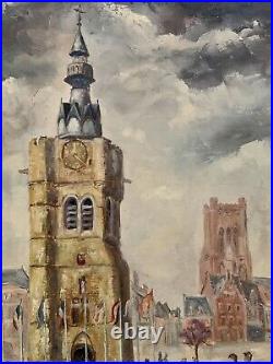 Tableau ancien huile Le beffroi de Béthune place animée drapeaux figuratif signé