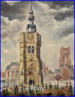 Tableau ancien huile Le beffroi de Béthune place animée drapeaux figuratif signé