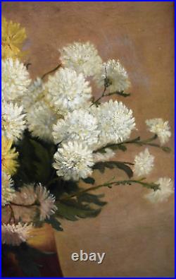 Tableau ancien huile Nature morte aux fleurs chrysanthèmes signé XIXème
