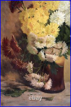 Tableau ancien huile Nature morte aux fleurs chrysanthèmes signé XIXème