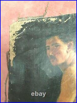 Tableau ancien huile sur toile INCONNU (XIXe-s) homme assis en maillot de bain