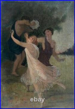 Tableau ancien huile sur toile XIX 1850 1900 danse antique paysage symboliste
