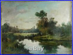 Tableau ancien huile sur toile paysage lacustre animé XIXème 19ème (signé)