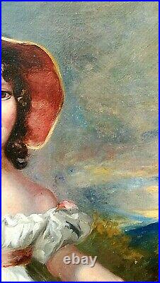 Tableau ancien huile sur toile portrait de jeune fille fleurs signé Début XIXème