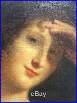 Tableau ancien huile sur toile portrait jeune fille fin XIXème 19ème